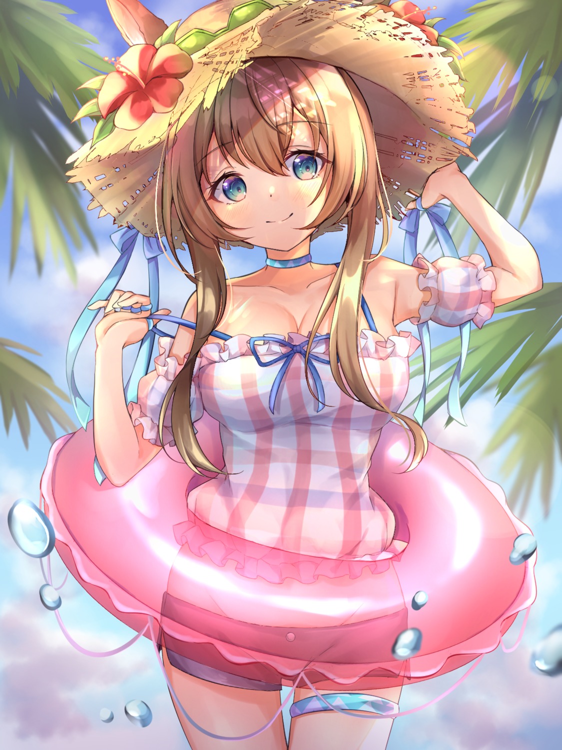 amiya_(arknights), animal_ears, arknights, bunny_ears, cleavage, garter, poe_(528yuzunon), swimsuits