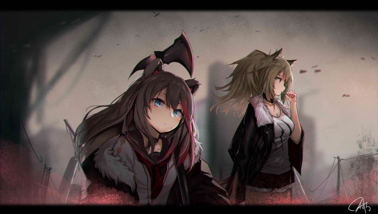 0shino, animal_ears, arknights, siege_(arknights), weapon, zima_(arknights)