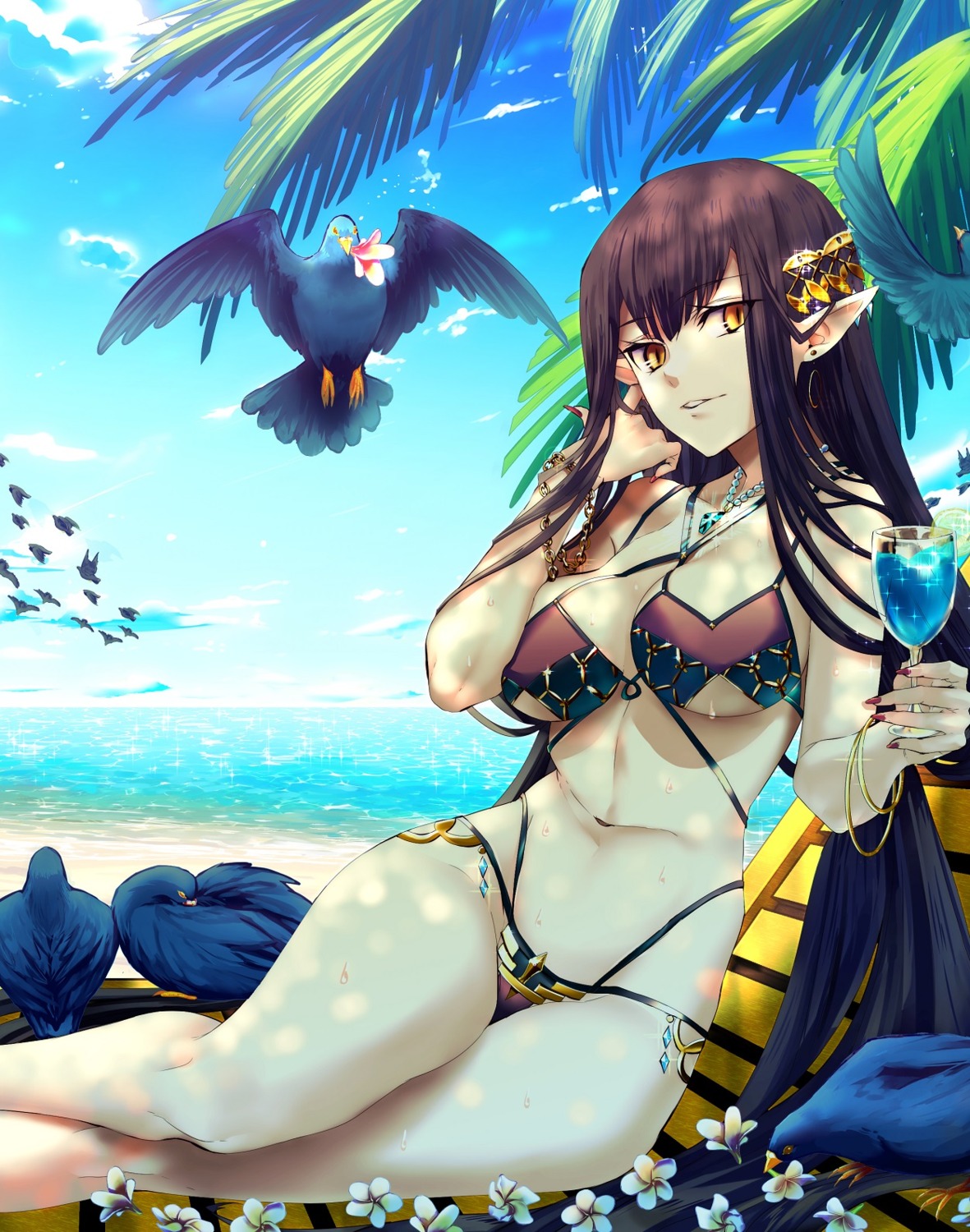 bikini, breast_hold, fate/grand_order, kuroaki, pointy_ears, semiramis_(fate), swimsuits