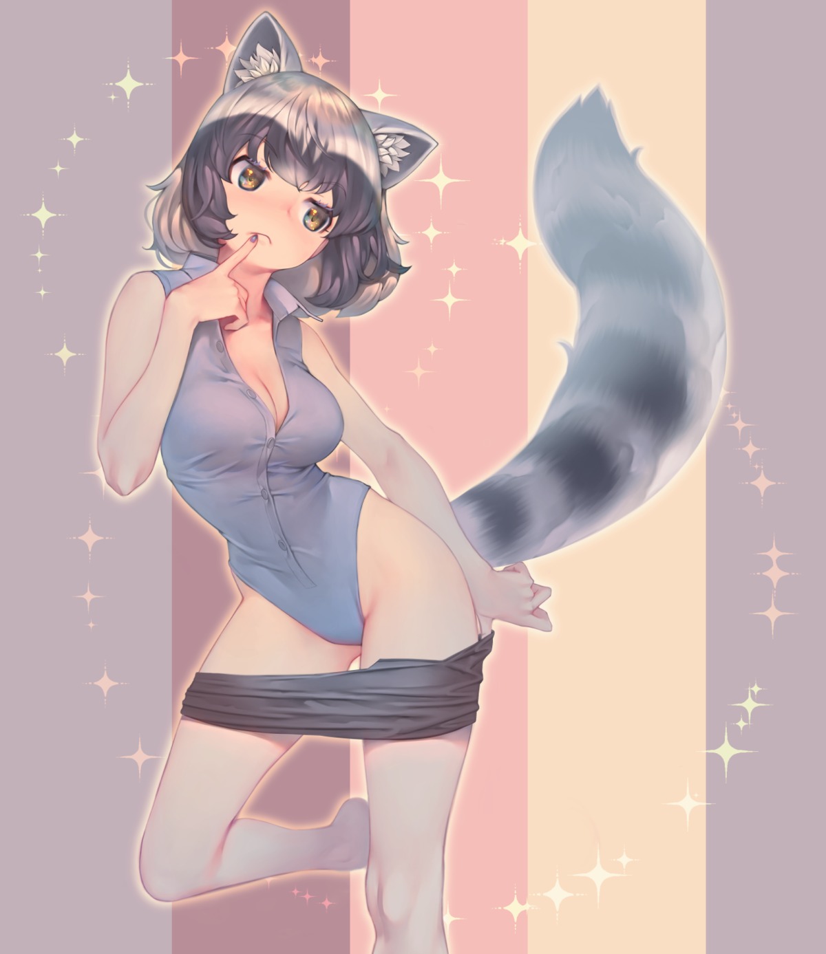 animal_ears, cleavage, common_raccoon, kemono_friends, leotard, mifu_(b24vc1), no_bra, open_shirt