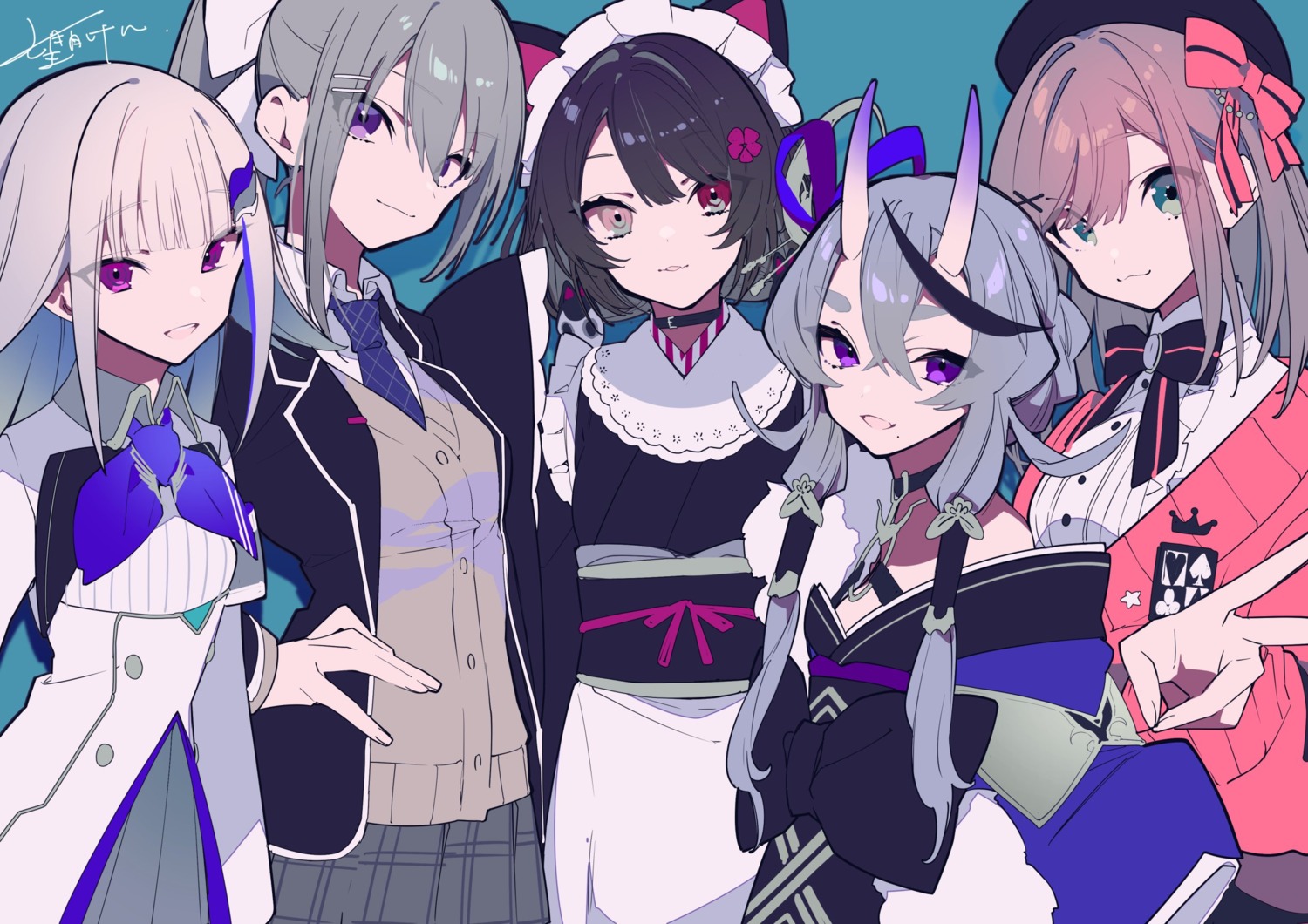 animal_ears, heterochromia, higuchi_kaede, horns, inui_toko, inumimi, japanese_clothes, lize_helesta, maid, mochizuki_kei, nijisanji, nijisanji_seeds, rindou_mikoto, seifuku, suzuhara_ruru, sweater, wa_maid