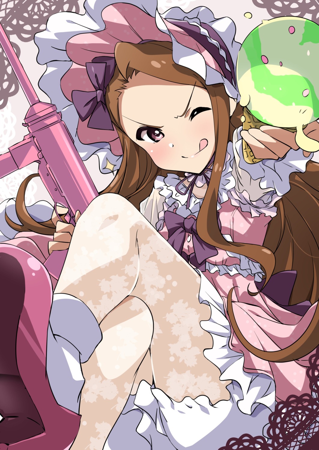 bloomers, dress, gun, heels, minase_iori, pantyhose, skirt_lift, the_idolm@ster