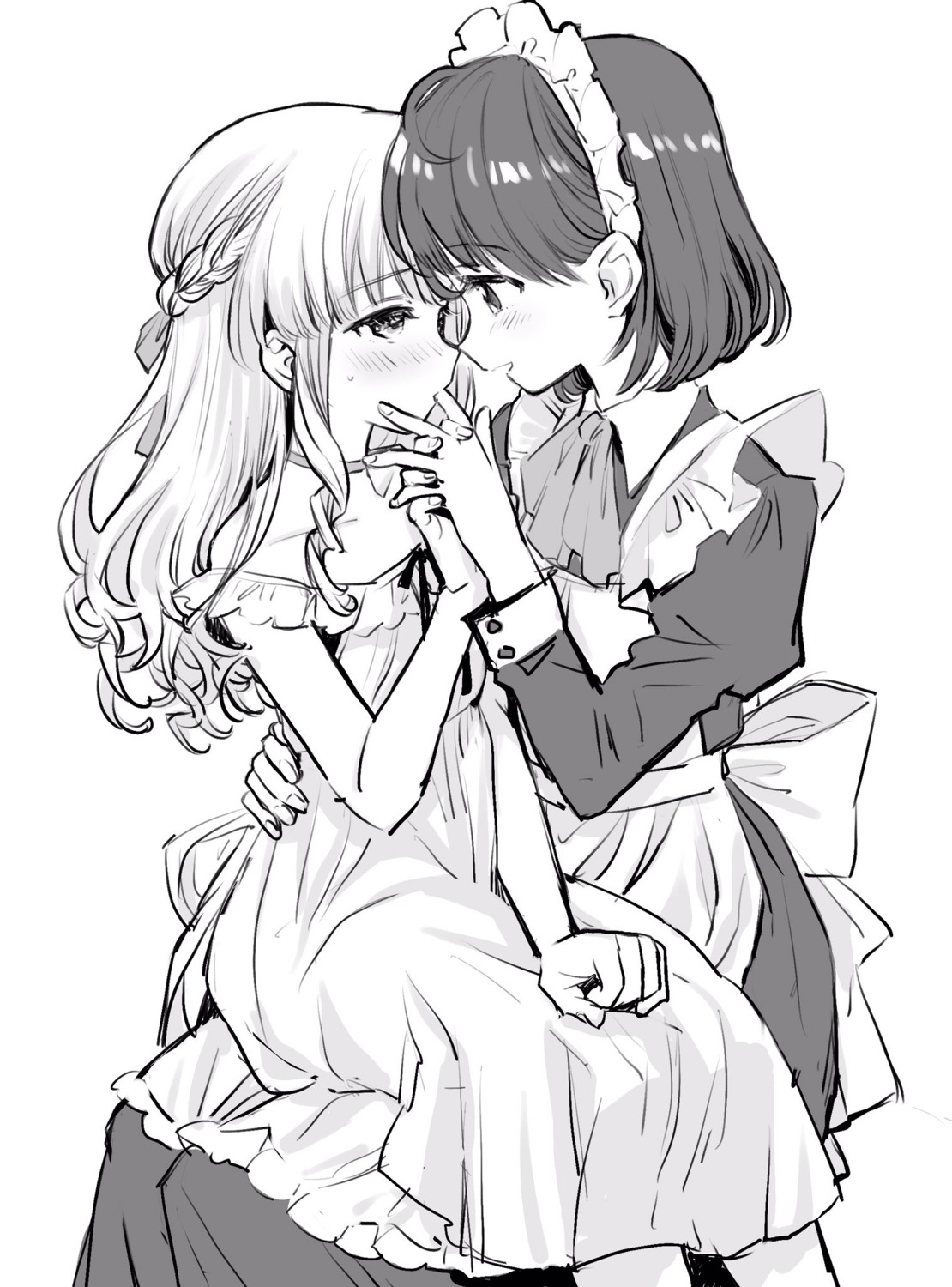 amezawa_koma, dress, maid, monochrome, yuri