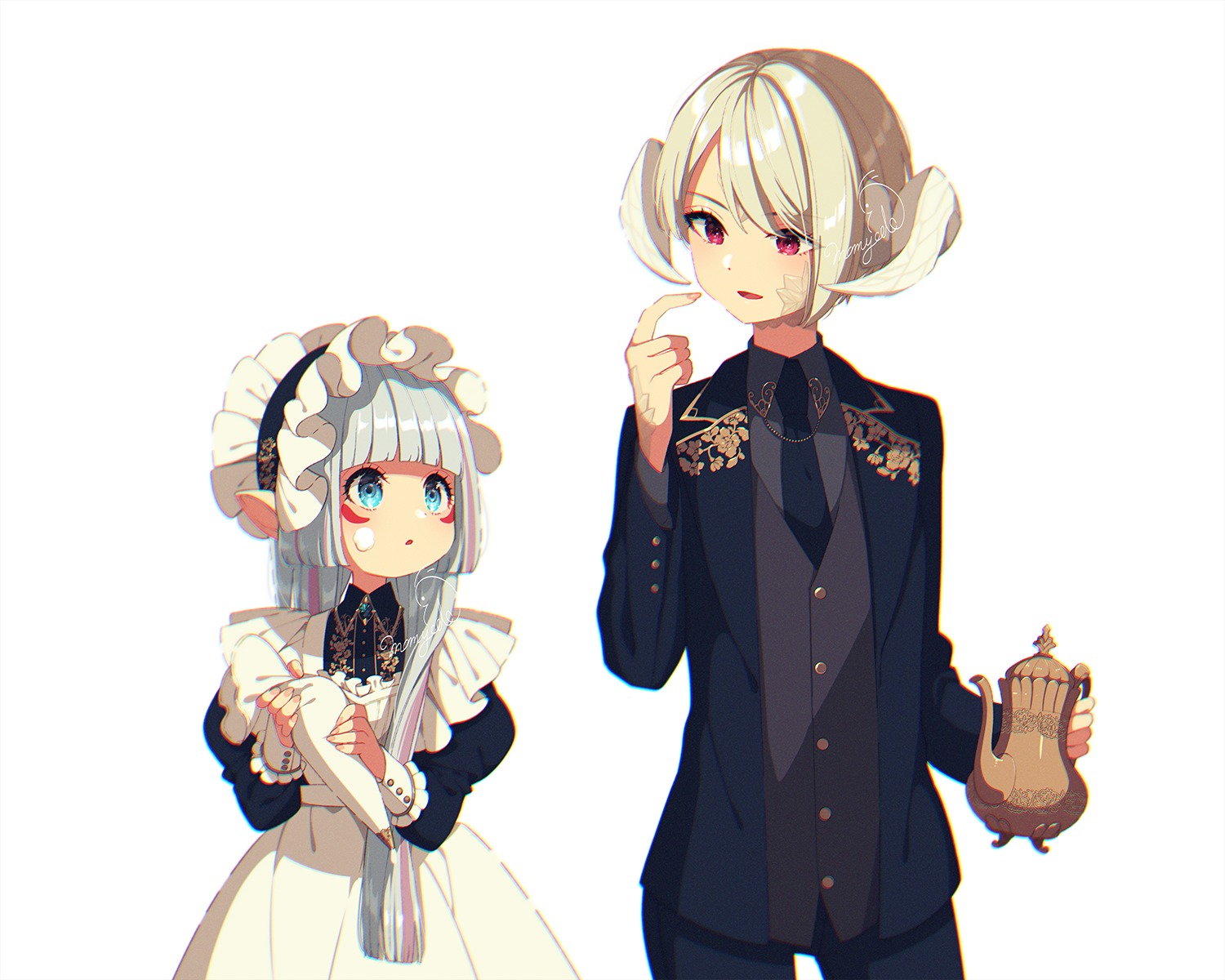 au_ra, cream, final_fantasy, final_fantasy_xiv, lalafell, maid, mamyouda, pointy_ears