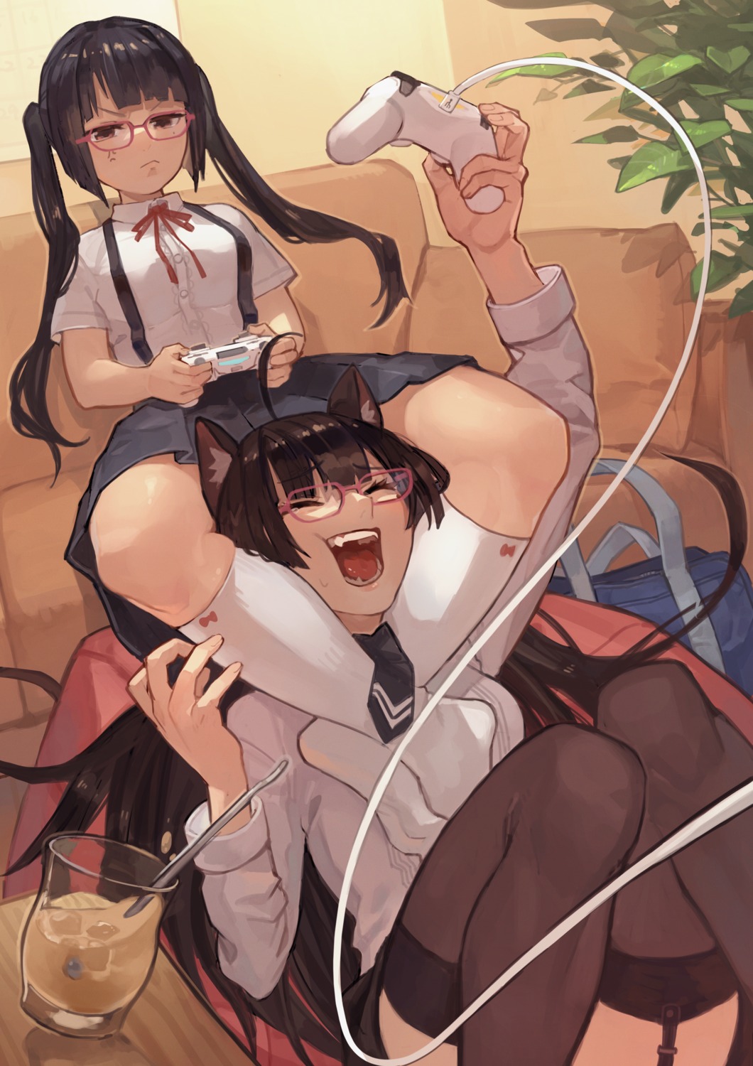 animal_ears, megane, seifuku, skirt_lift, stockings, thighhighs, uedrk_yamato, yuri