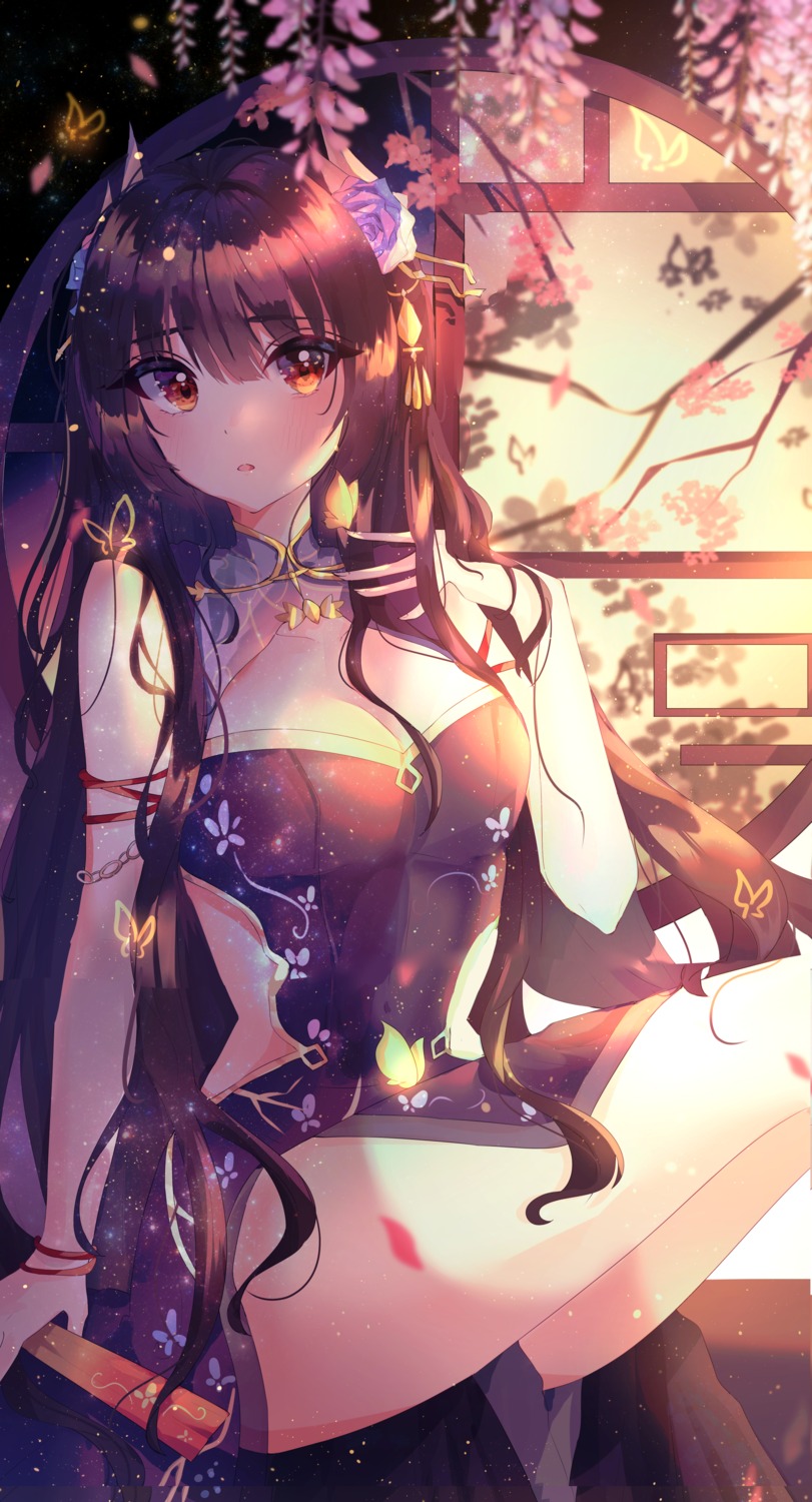 asian_clothes, azur_lane, cleavage, hiei_(azur_lane), horns, skirt_lift, wine_(2148_wine)