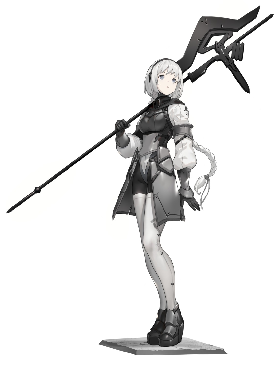 armor, bodysuit, heels, km_yama, monochrome, thighhighs, weapon