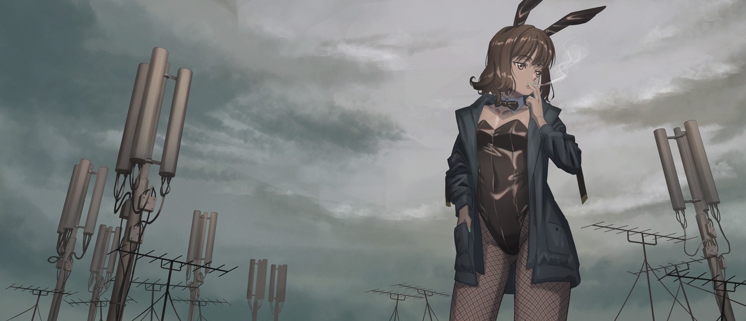animal_ears, bunny_ears, bunny_girl, fishnets, hironii_(hirofactory), pantyhose, smoking