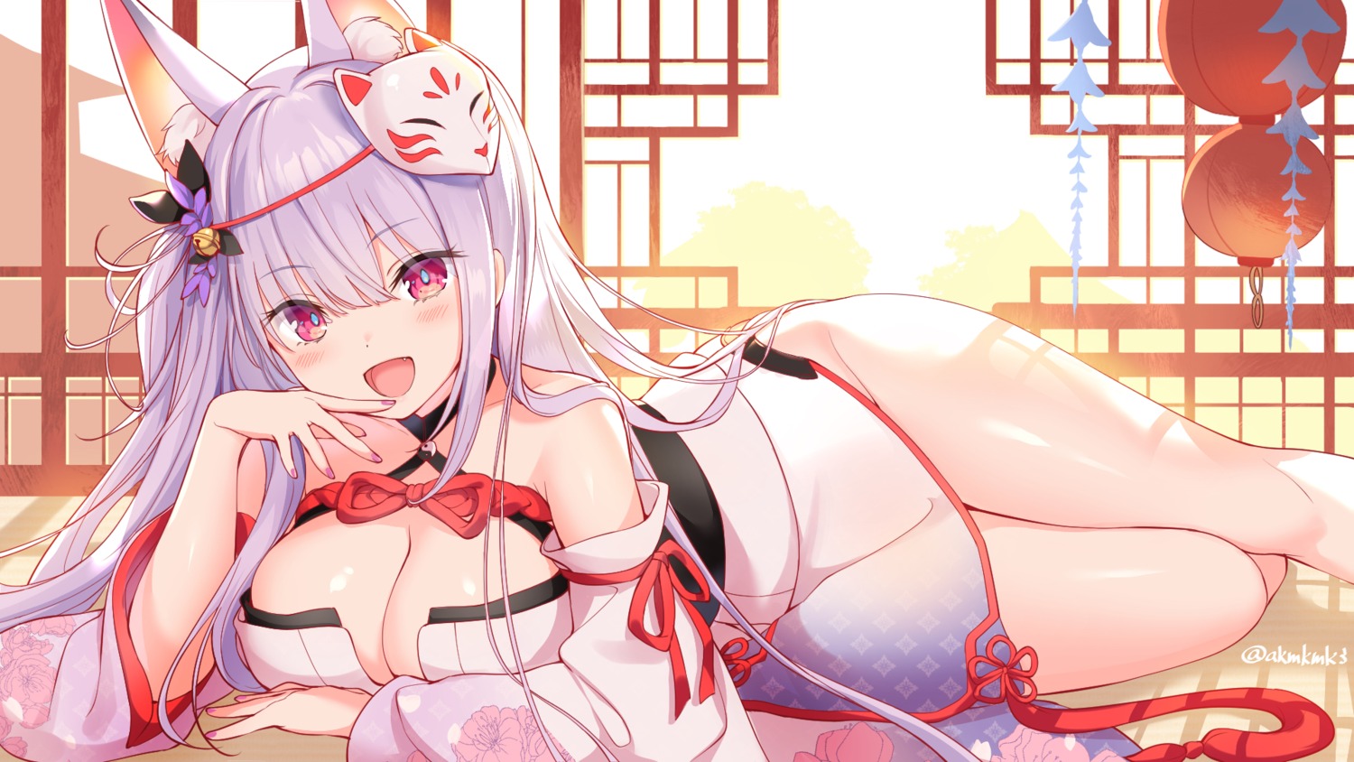 akamoku, animal_ears, cleavage, indie_virtual_youtuber, japanese_clothes, kamishiro_natsume, kitsune, no_bra, wallpaper