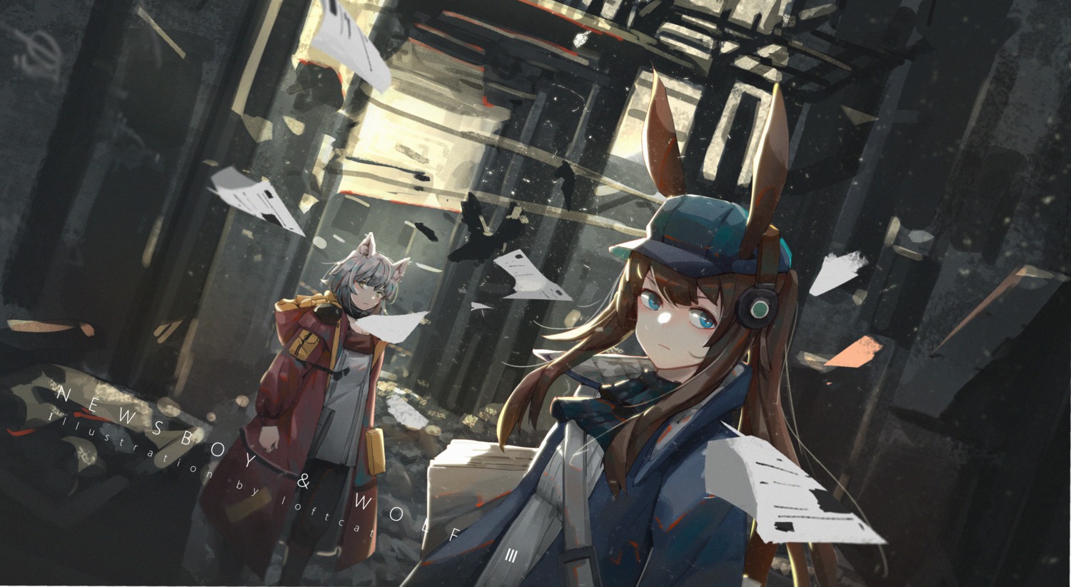 amiya_(arknights), animal_ears, arknights, bunny_ears, headphones, loftcat, projekt_red_(arknights)