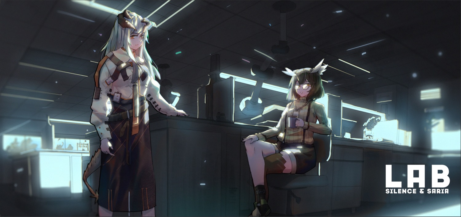 animal_ears, arknights, horns, loftcat, megane, saria_(arknights), silent_(arknights), tail