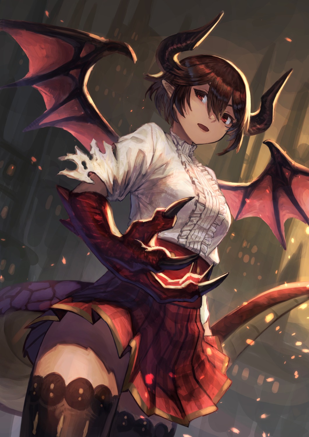 grea, horns, konoike_(pepe_expect), pointy_ears, shingeki_no_bahamut, skirt_lift, tail, thighhighs, wings