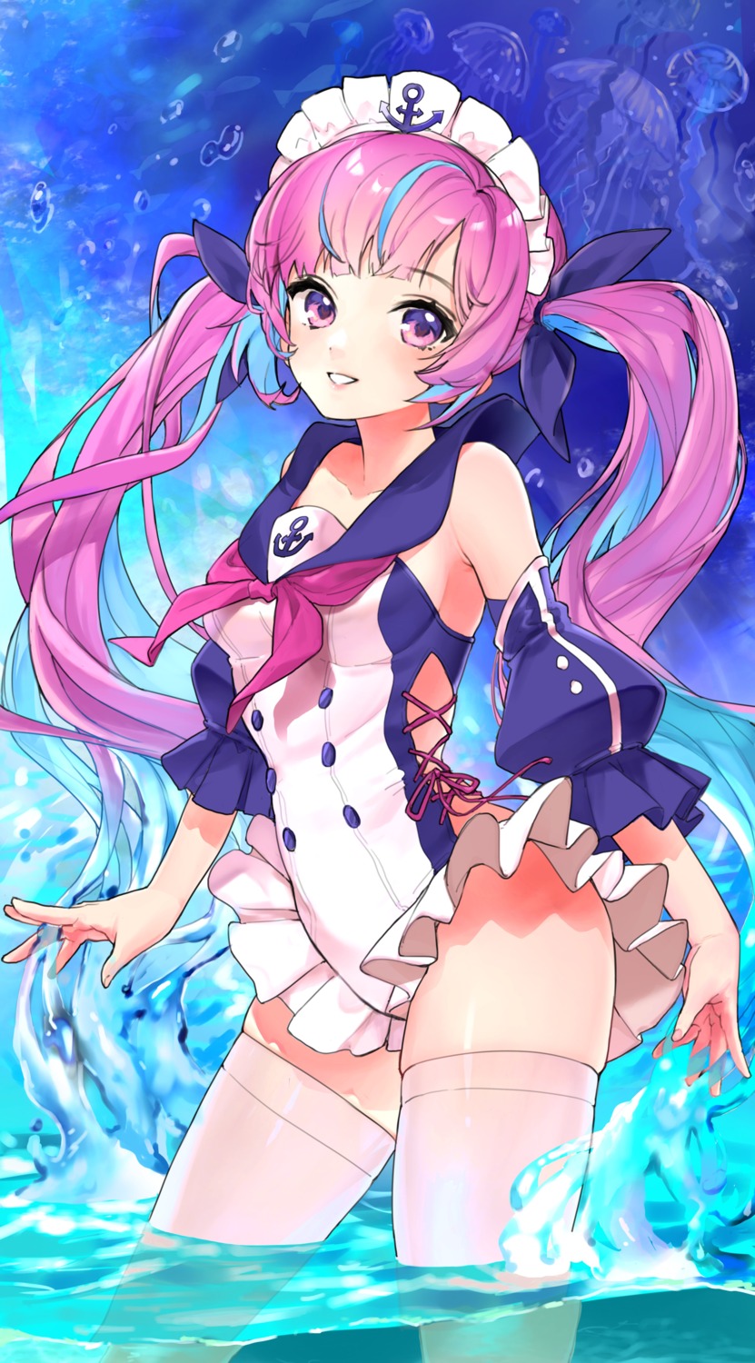 azur_lane, hololive, maid, minato_aqua, swimsuits, tate_yukimi, thighhighs, wet