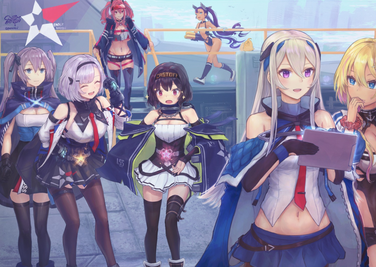 azur_lane, bluegill_(azur_lane), bremerton_(azur_lane), casablanca_(azur_lane), cleavage, cooper_(azur_lane), eicam, garter, intrepid_(azur_lane), manjuu_(azur_lane), marblehead_(azur_lane), megane, open_shirt, pantyhose, reno_(azur_lane), thighhighs, uniform
