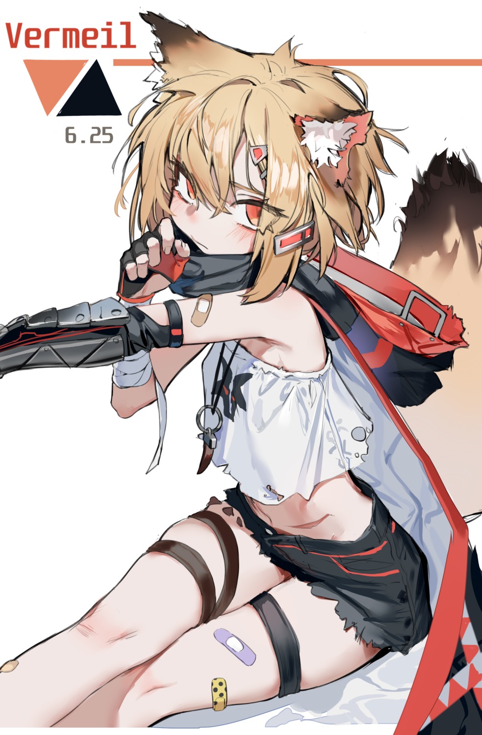 animal_ears, arknights, bandaid, garter, kentllaall, tail, torn_clothes, vermeil_(arknights)