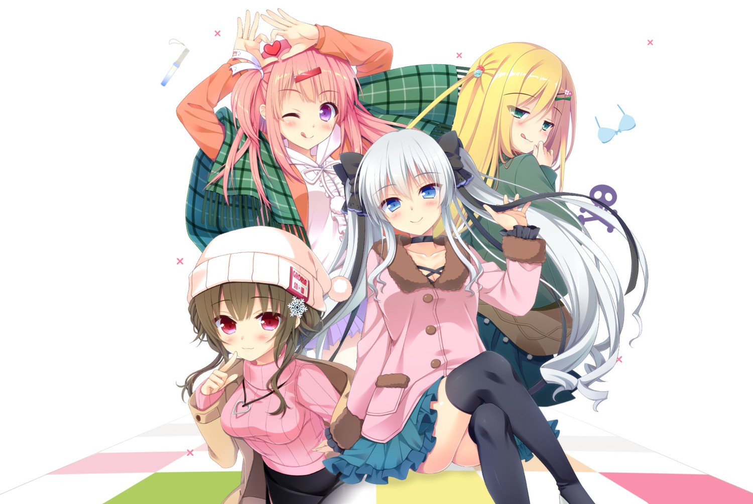 amagamine_renna, asa_project, cleavage, fuyuichi_monme, hanamaru_mari, harizome_shione, komachi_nonoka, renai_x_royale, skirt_lift, sweater, thighhighs, yuuki_rika, yuunagi_seshina