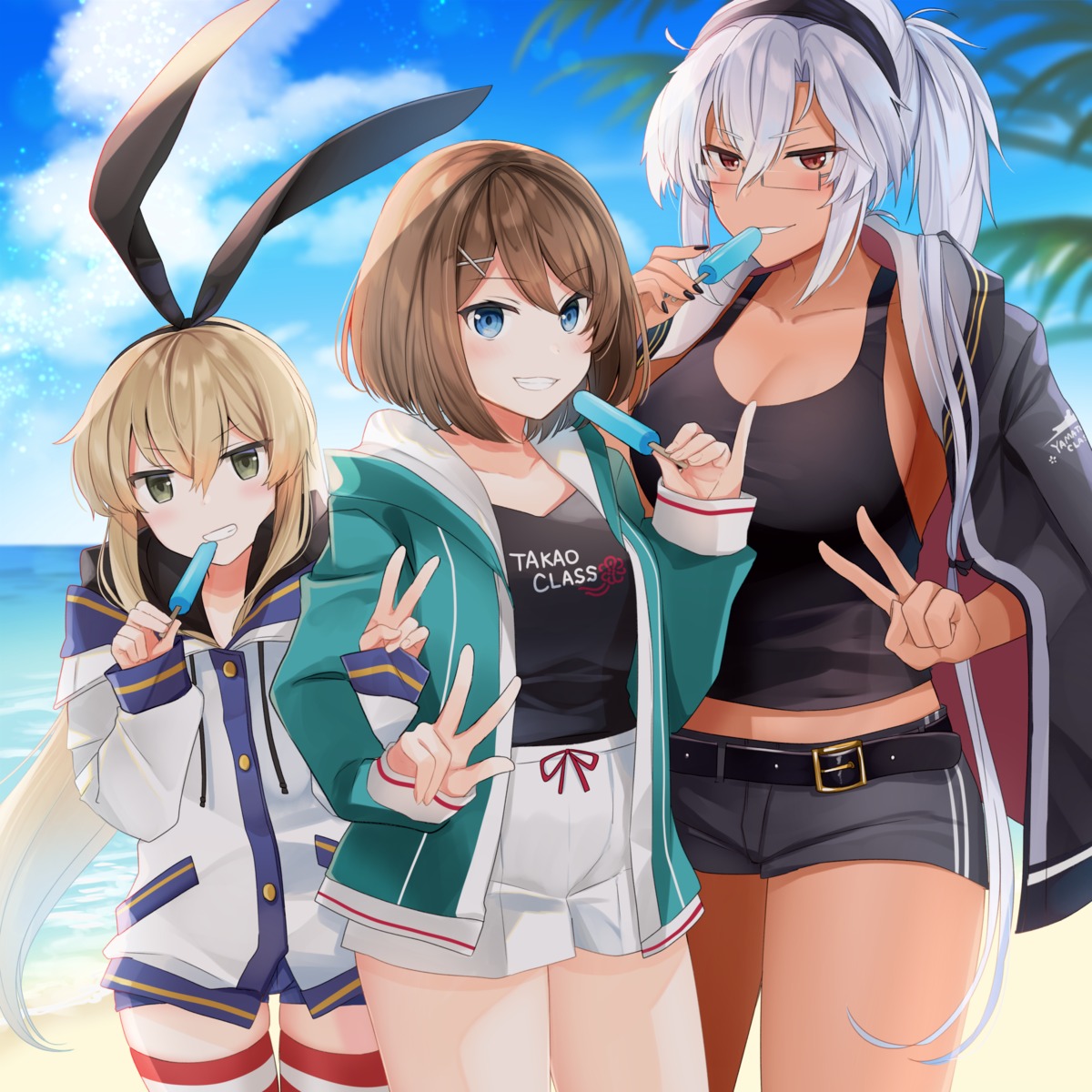 cleavage, kantai_collection, maya_(kancolle), megane, musashi_(kancolle), no_bra, shimakaze_(kancolle), thighhighs