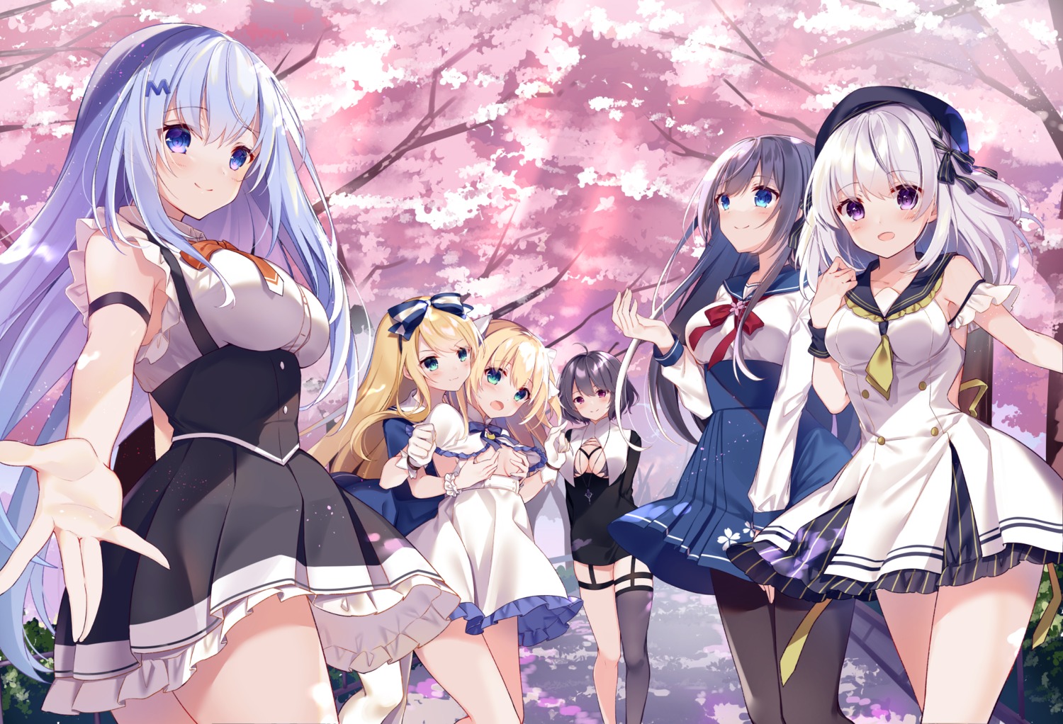 bra, breast_grab, ekouji_ruri, emori_el, emori_miku, emori_miku_project, emu_alice, ezuki_luna, garter, kisaragi_yuri, mitsuya_nier, no_bra, pantyhose, seifuku, stockings, thighhighs, yuri