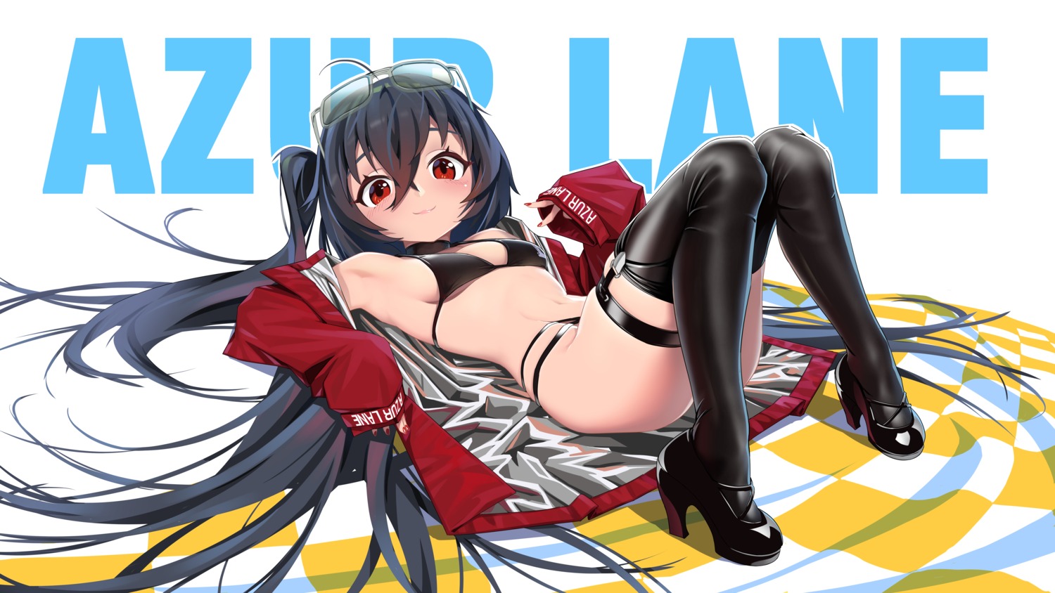 amigo_(hua_cao), azur_lane, bikini, garter, heels, megane, open_shirt, stockings, swimsuits, taihou_(azur_lane), thighhighs