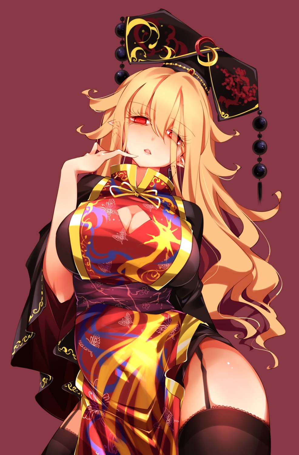 chinadress, cleavage, junko, pointy_ears, raptor7, stockings, thighhighs, touhou