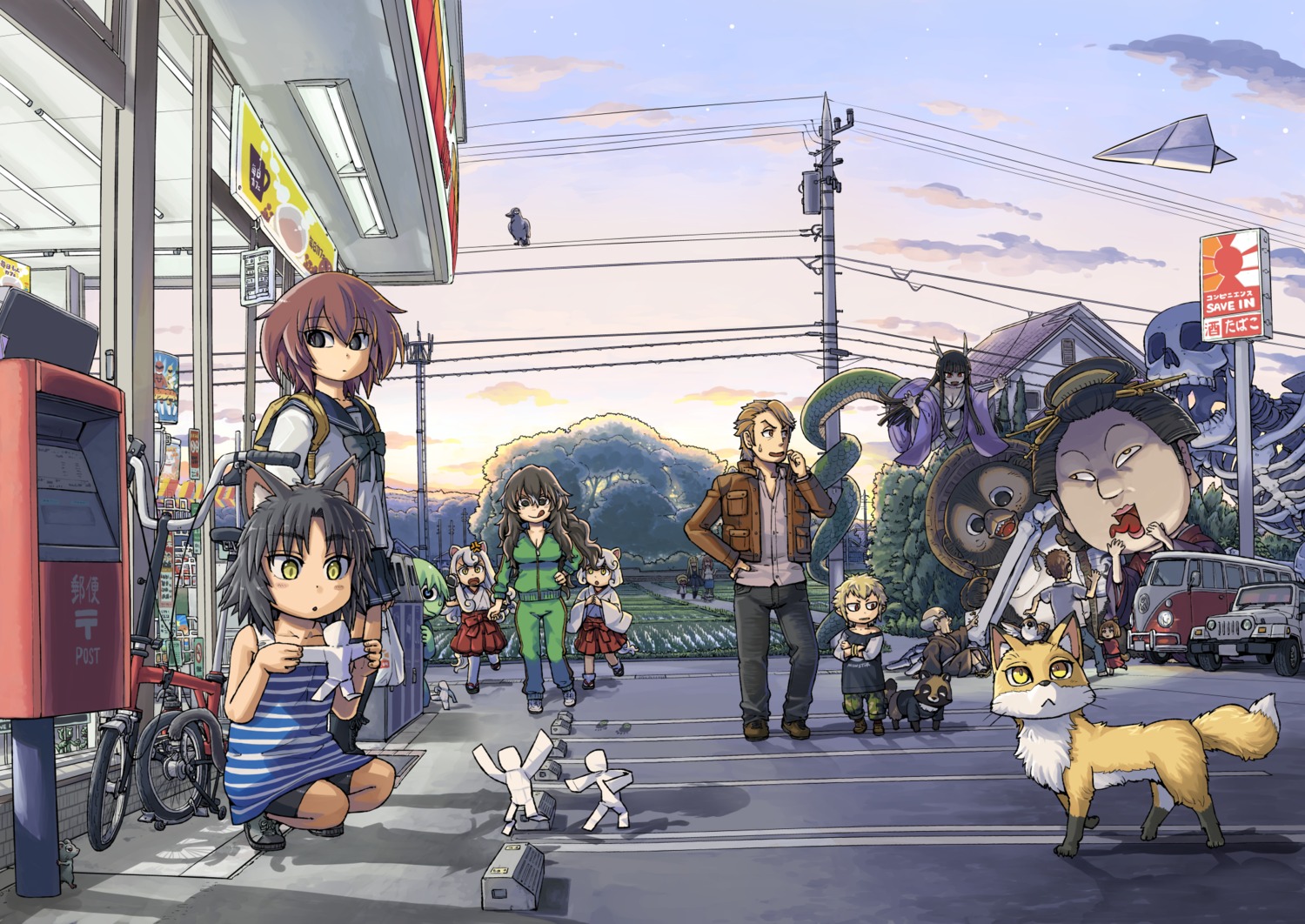 animal_ears, bike_shorts, cleavage, gym_uniform, horns, ike_(altitude_attitude), japanese_clothes, megane, miko, monster_girl, seifuku, tail