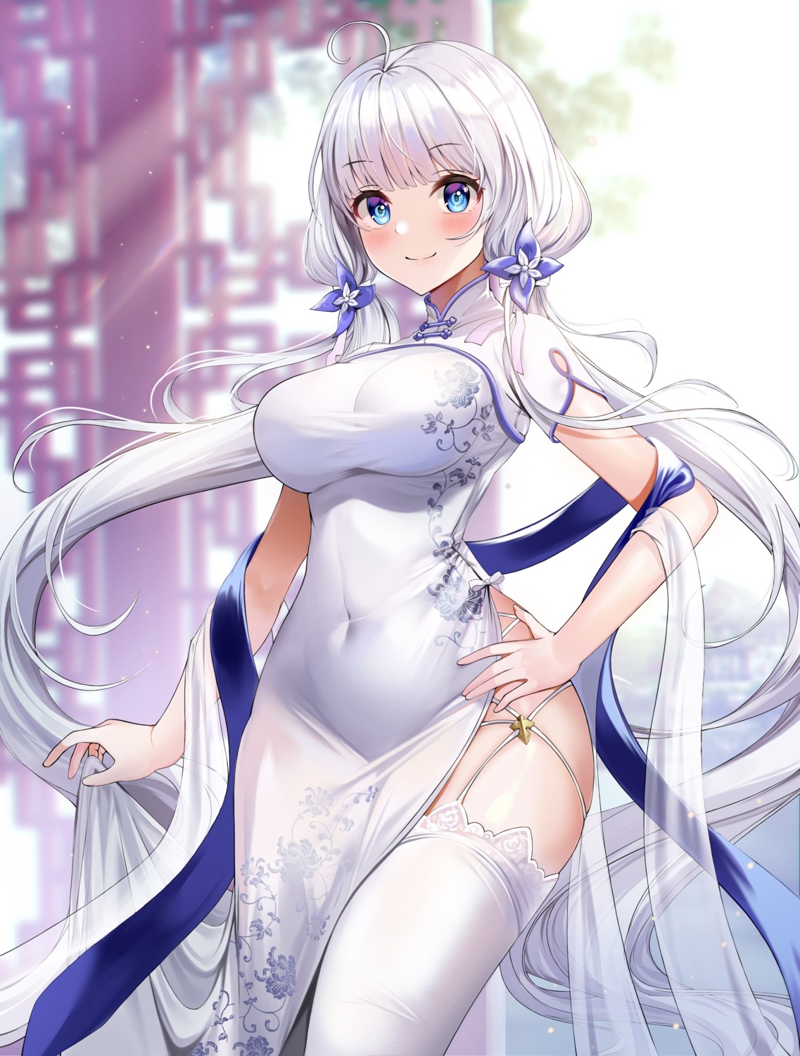 azur_lane, chinadress, foka_(beginner), illustrious_(azur_lane), see_through, skirt_lift, stockings, thighhighs