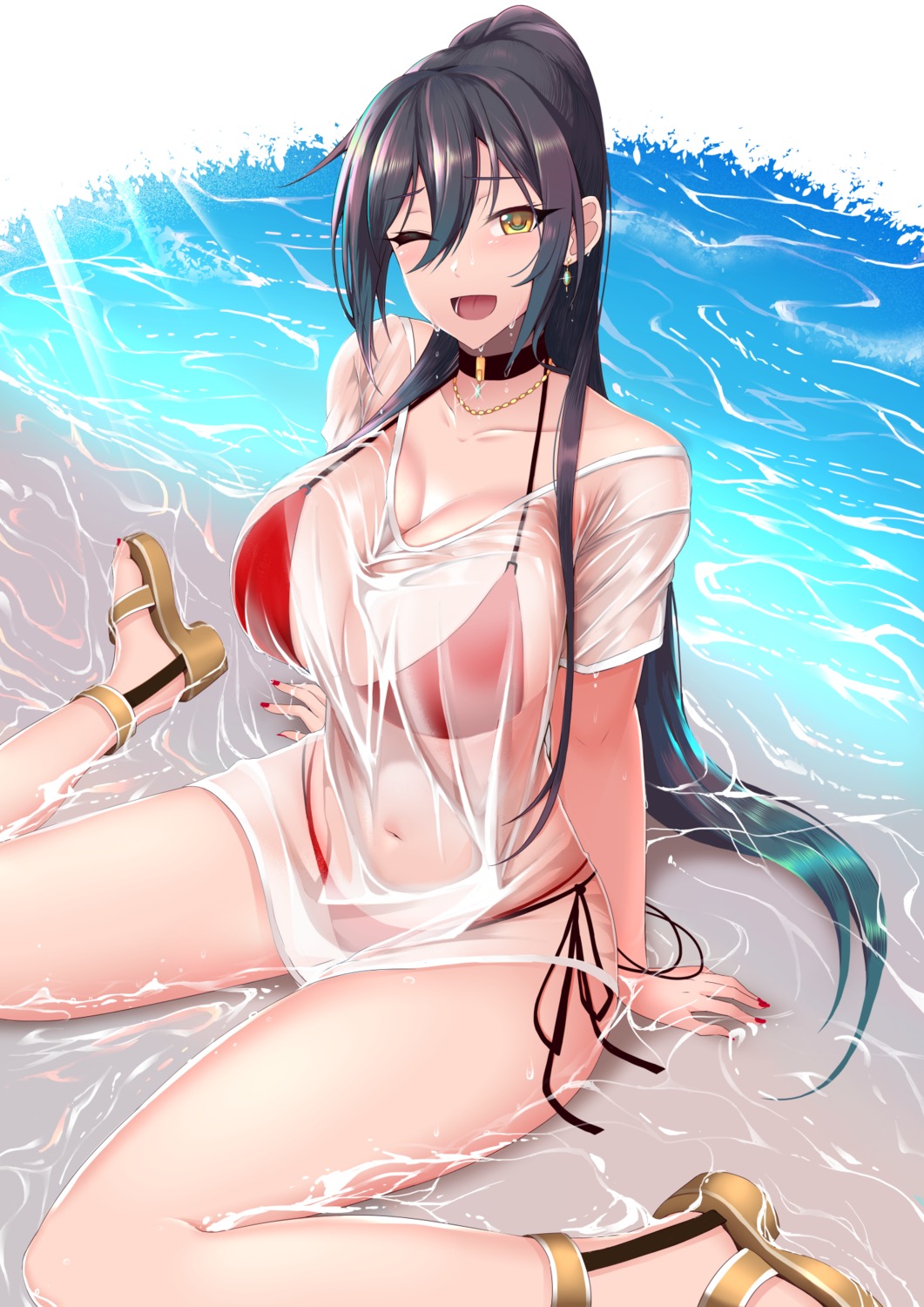 bikini, cleavage, heels, moo_yoshio, see_through, shirase_sakuya, swimsuits, the_idolm@ster, the_idolm@ster_shiny_colors, wet, wet_clothes