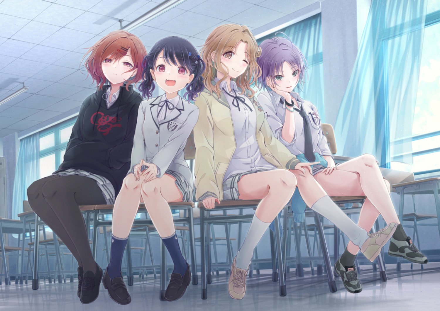 arigato_(rmskrtkdlqj), asakura_tooru, fukumaru_koito, higuchi_madoka, ichikawa_hinana, pantyhose, seifuku, sweater, the_idolm@ster, the_idolm@ster_shiny_colors
