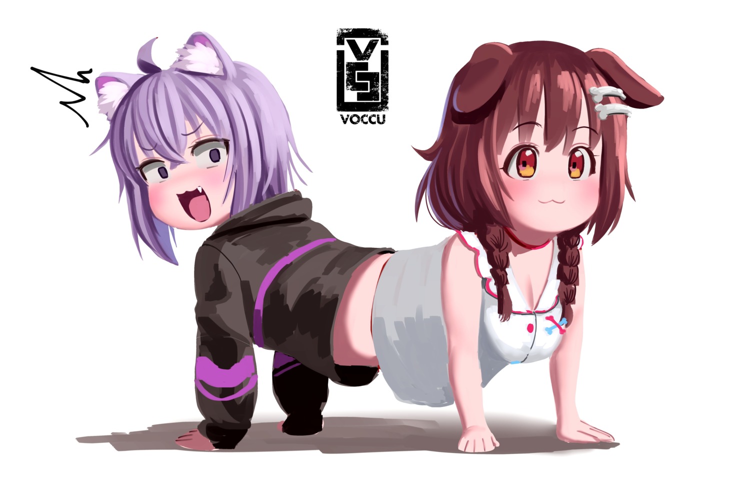 animal_ears, cleavage, hololive, hololive_gamers, inugami_korone, inumimi, nekomata_okayu, nekomimi, voccu
