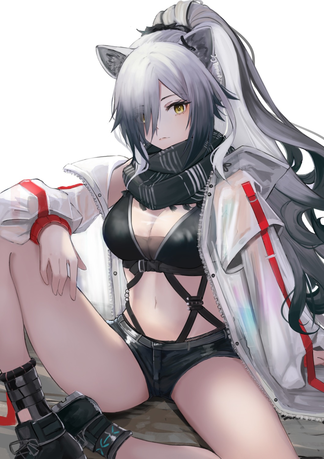 animal_ears, arknights, cleavage, kuguiema, open_shirt, schwarz_(arknights), see_through