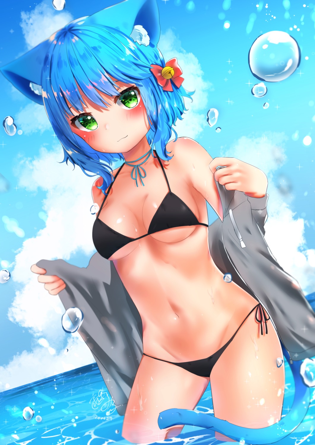 animal_ears, bikini, michiru_donut, nekomimi, open_shirt, swimsuits, tail, undressing