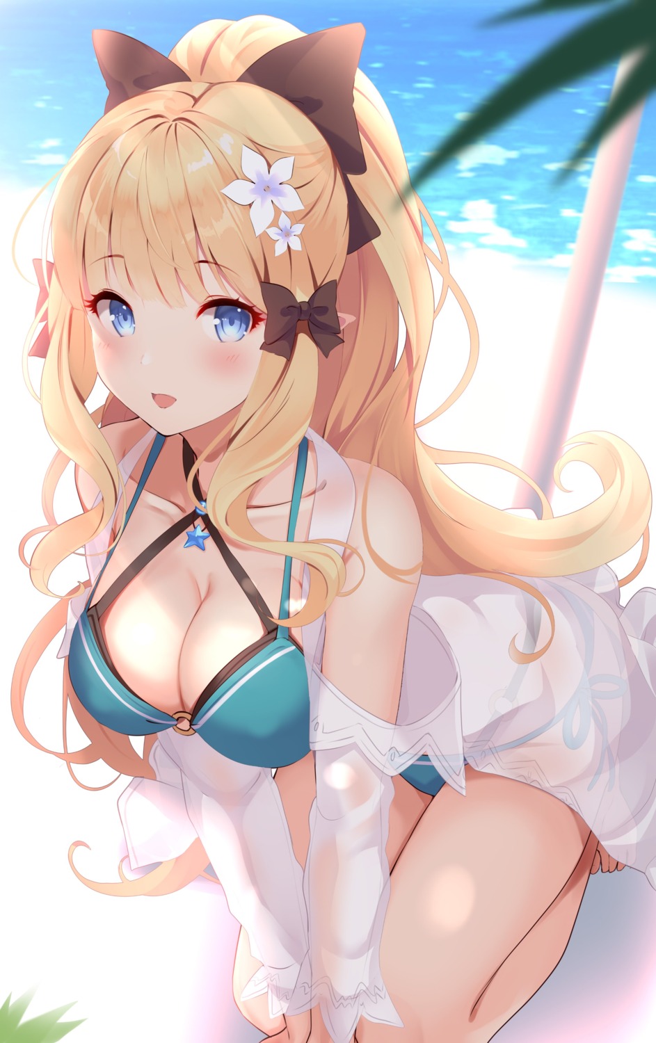 bikini, cleavage, kujou_ichiso, open_shirt, pointy_ears, princess_connect!, princess_connect!_re:dive, sasaki_saren, see_through, swimsuits