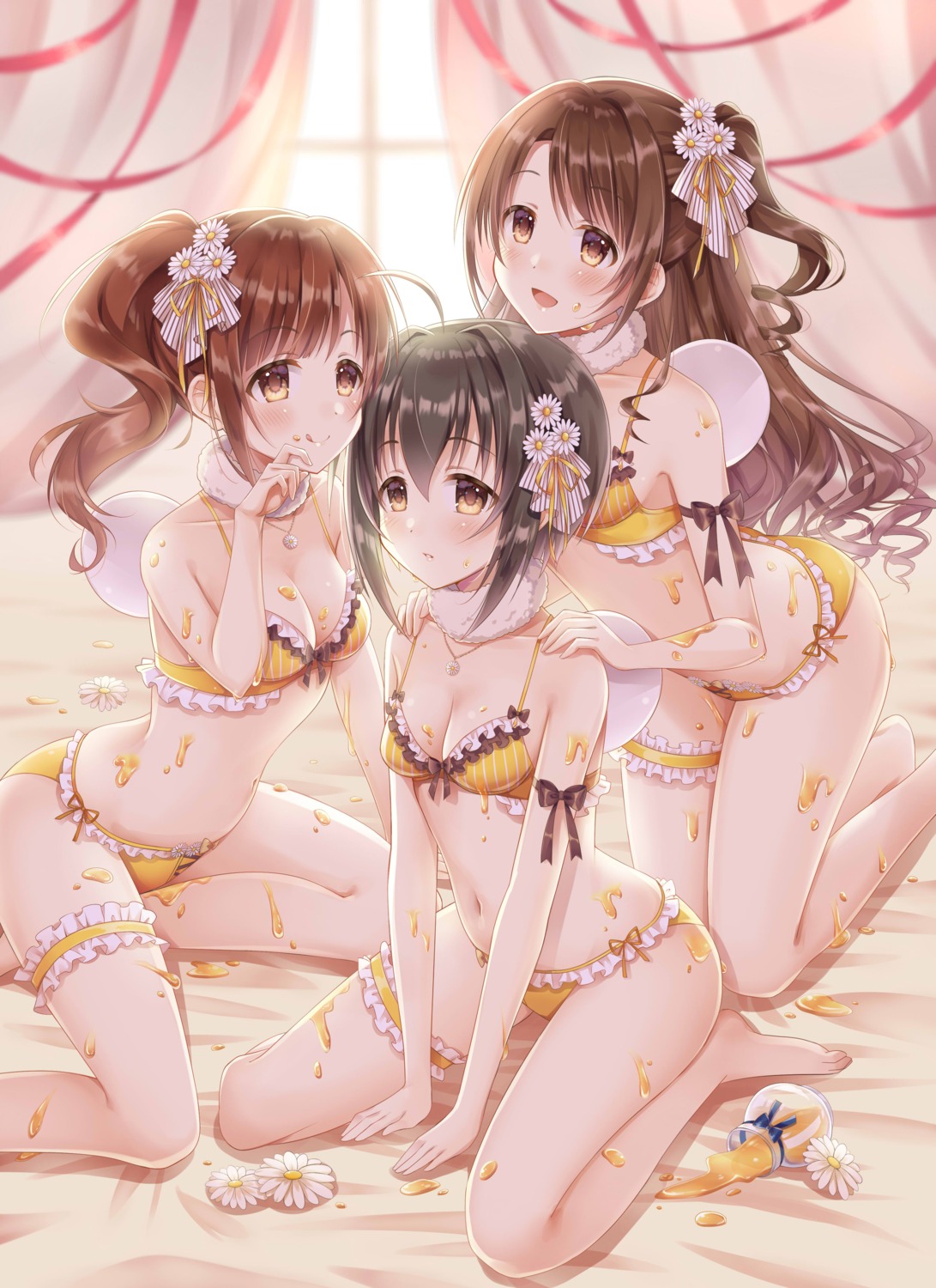 bra, cleavage, cream, garter, hibiki_tooru, igarashi_kyouko, kohinata_miho, lingerie, pantsu, shimamura_uzuki, the_idolm@ster, the_idolm@ster_cinderella_girls