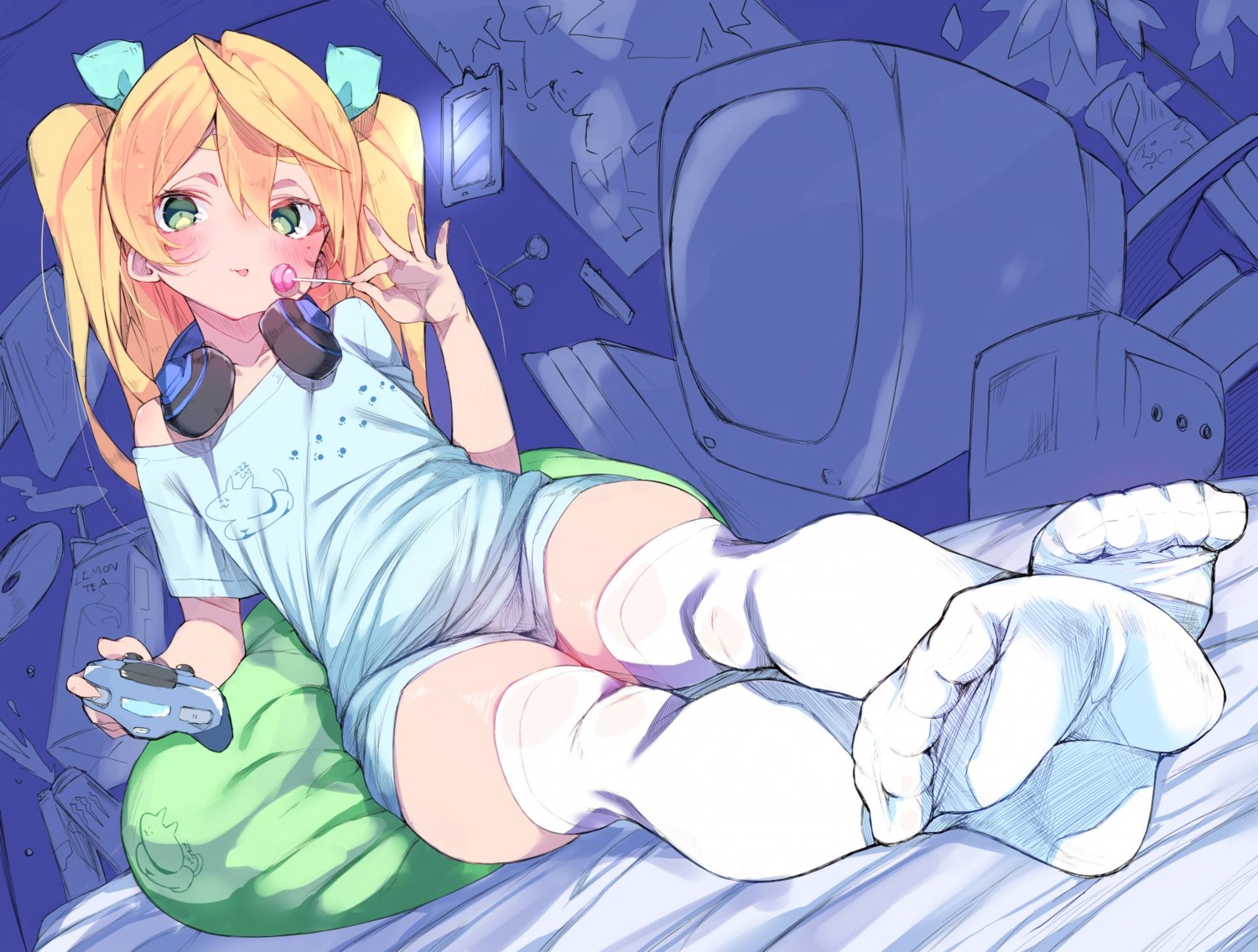 feet, headphones, kz_oji, thighhighs