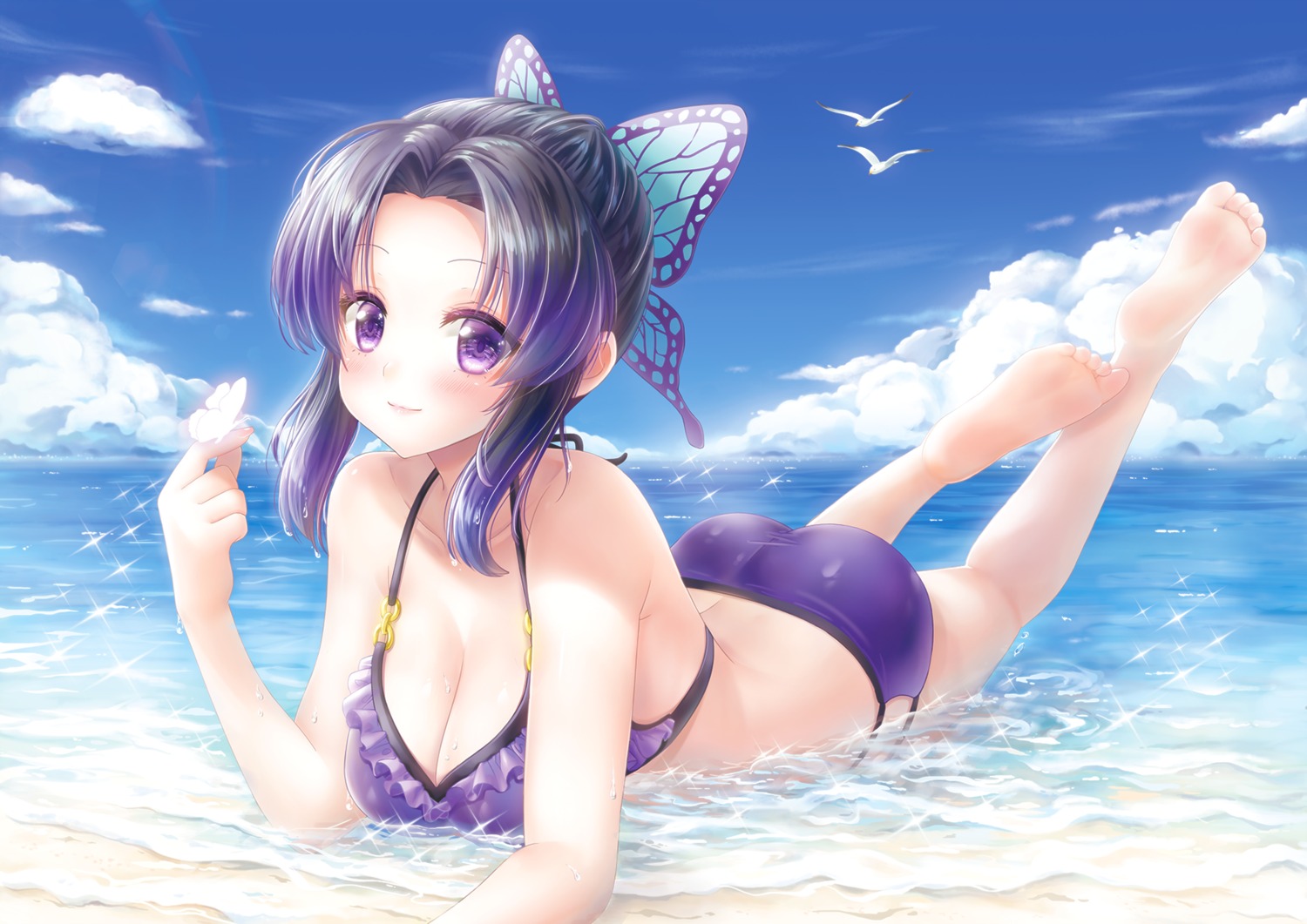 bikini, feet, kimetsu_no_yaiba, kochou_shinobu, mugenstudio, swimsuits, wet