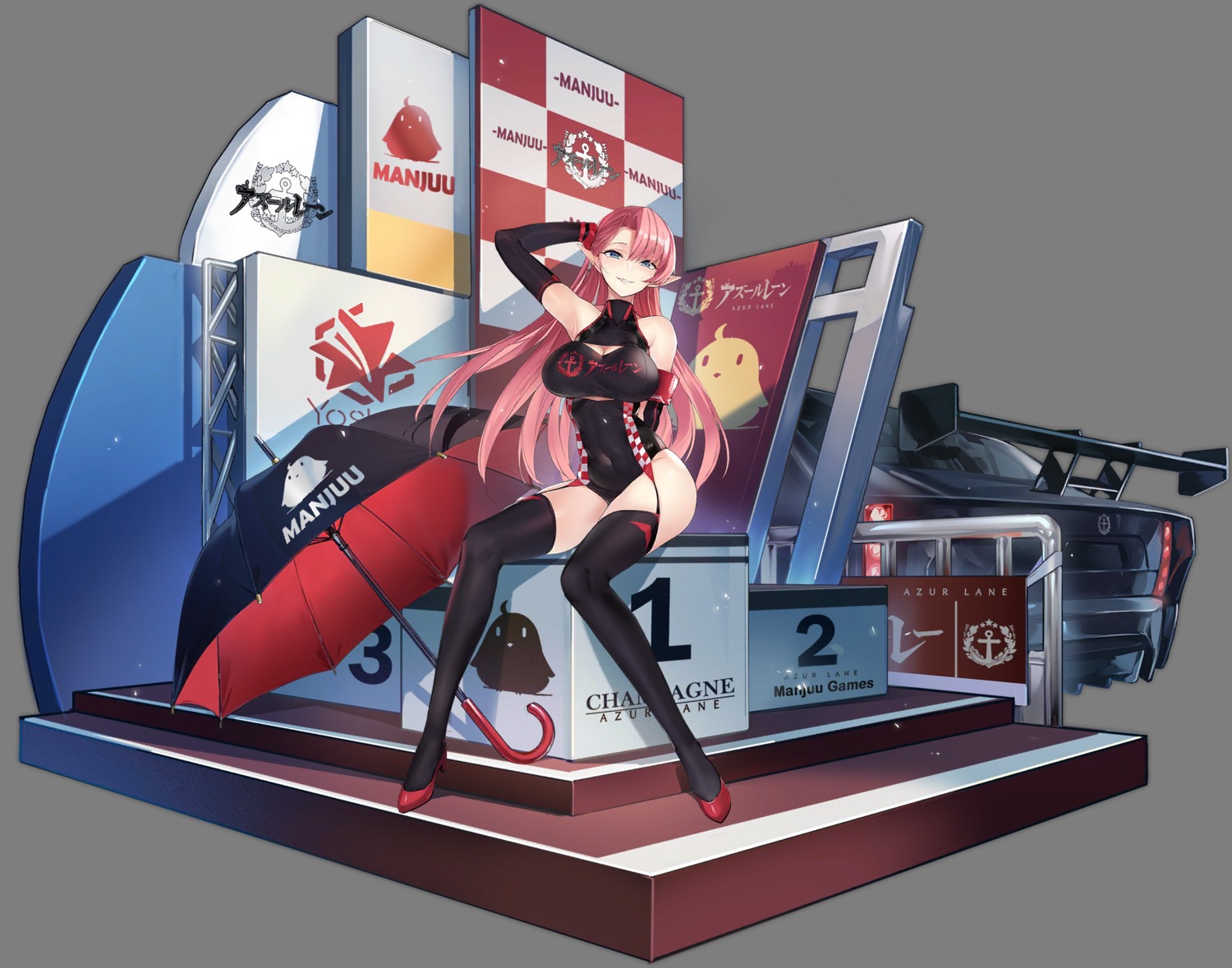 azur_lane, cleavage, duke_of_york_(azur_lane), enka_(bcat), leotard, manjuu_(azur_lane), pointy_ears, stockings