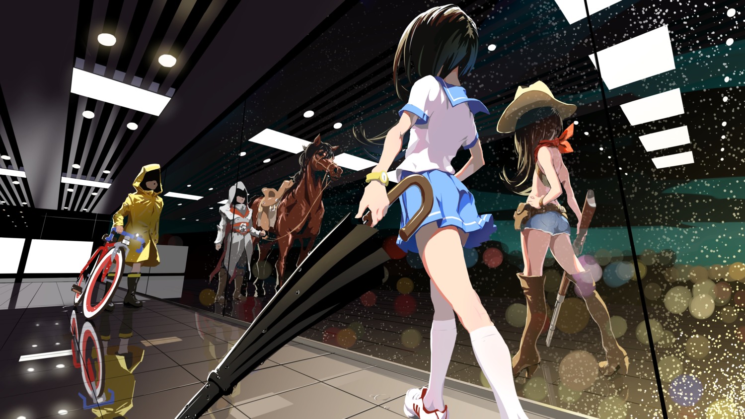 amigo_(hua_cao), ass, gun, heels, seifuku, thighhighs, umbrella