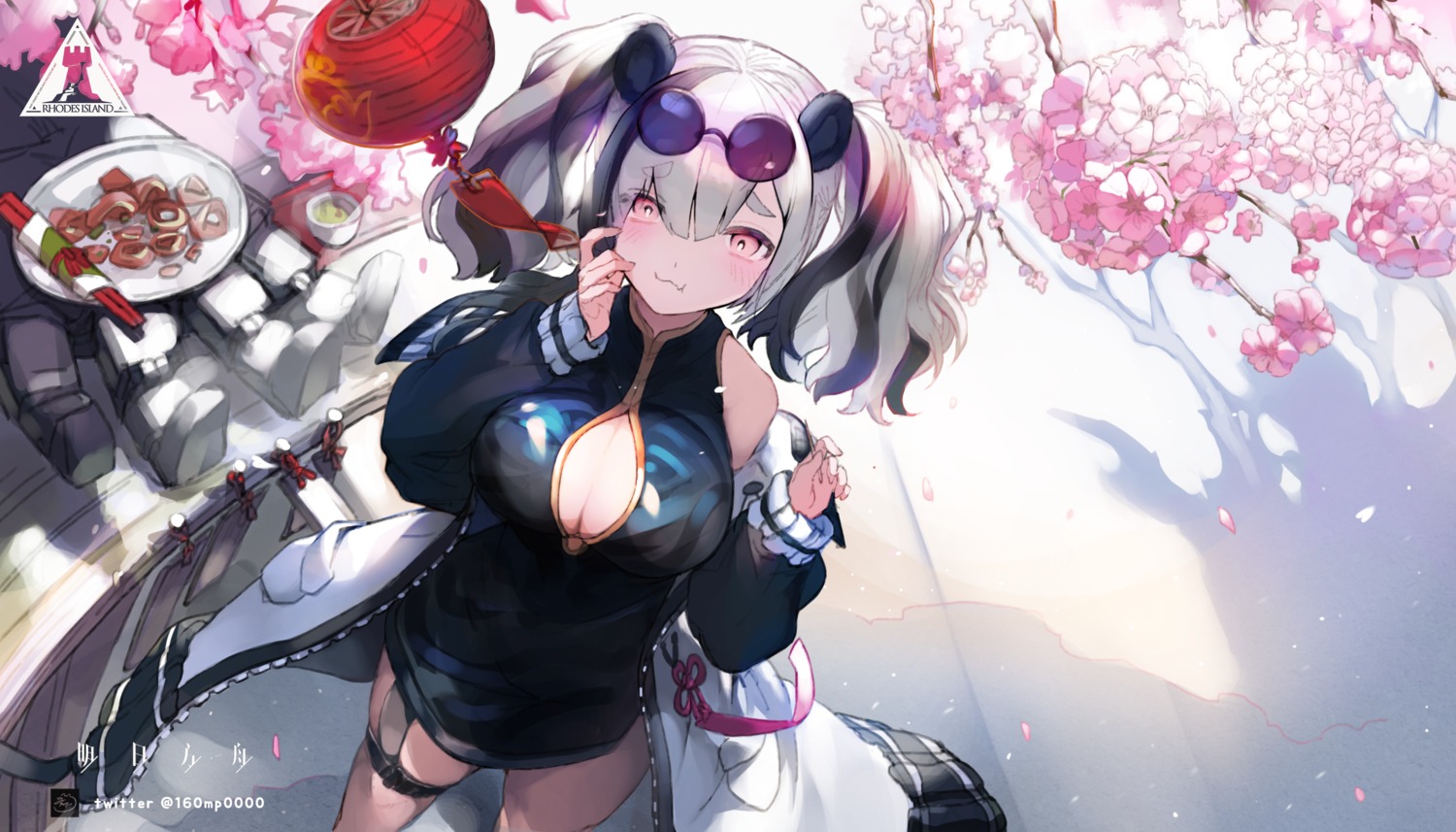 160mp, arknights, asian_clothes, cleavage, feater_(arknights), garter, megane, no_bra