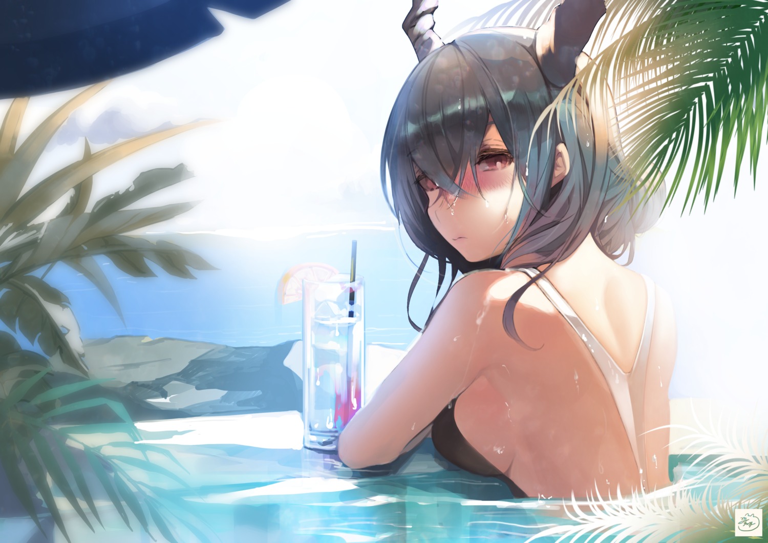160mp, arknights, ch'en_(arknights), horns, swimsuits, wet