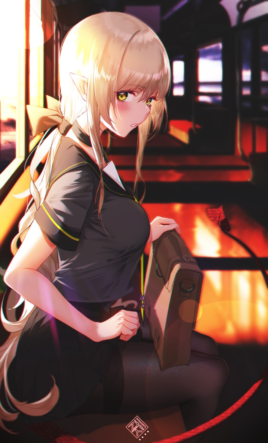 nonaginta_novem, pantyhose, pointy_ears, seifuku, skirt_lift