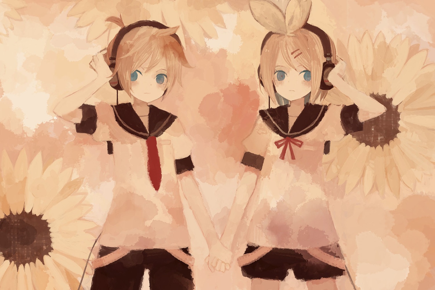 headphones, kagamine_len, kagamine_rin, mitsuki_mouse, seifuku, vocaloid