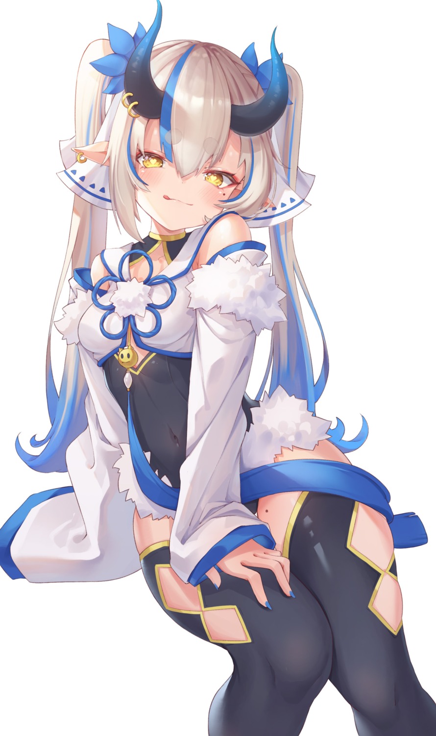 hitokuchii, horns, leotard, pointy_ears, thighhighs