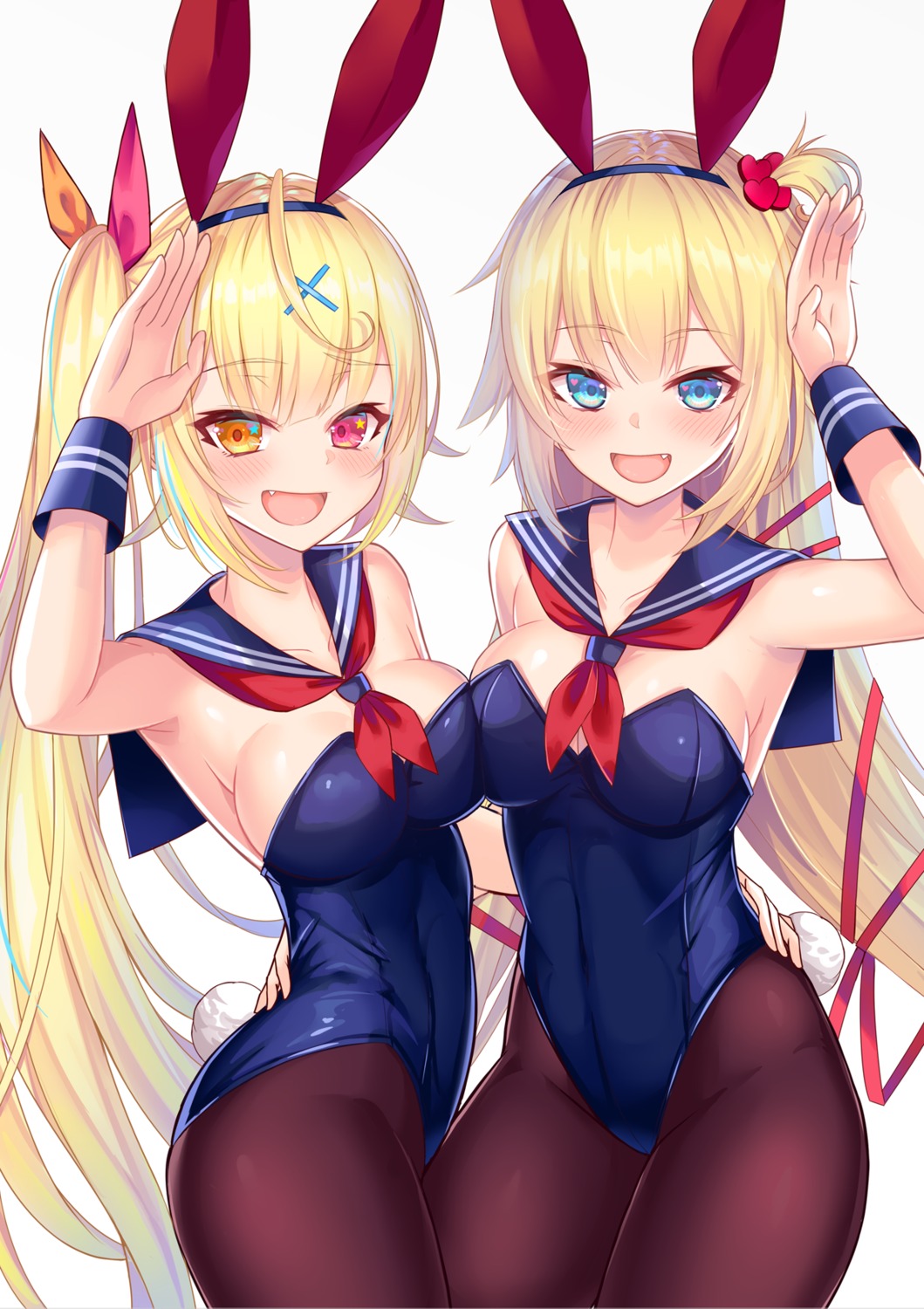 animal_ears, bunny_ears, bunny_girl, crossover, heterochromia, hololive, nijisanji, no_bra