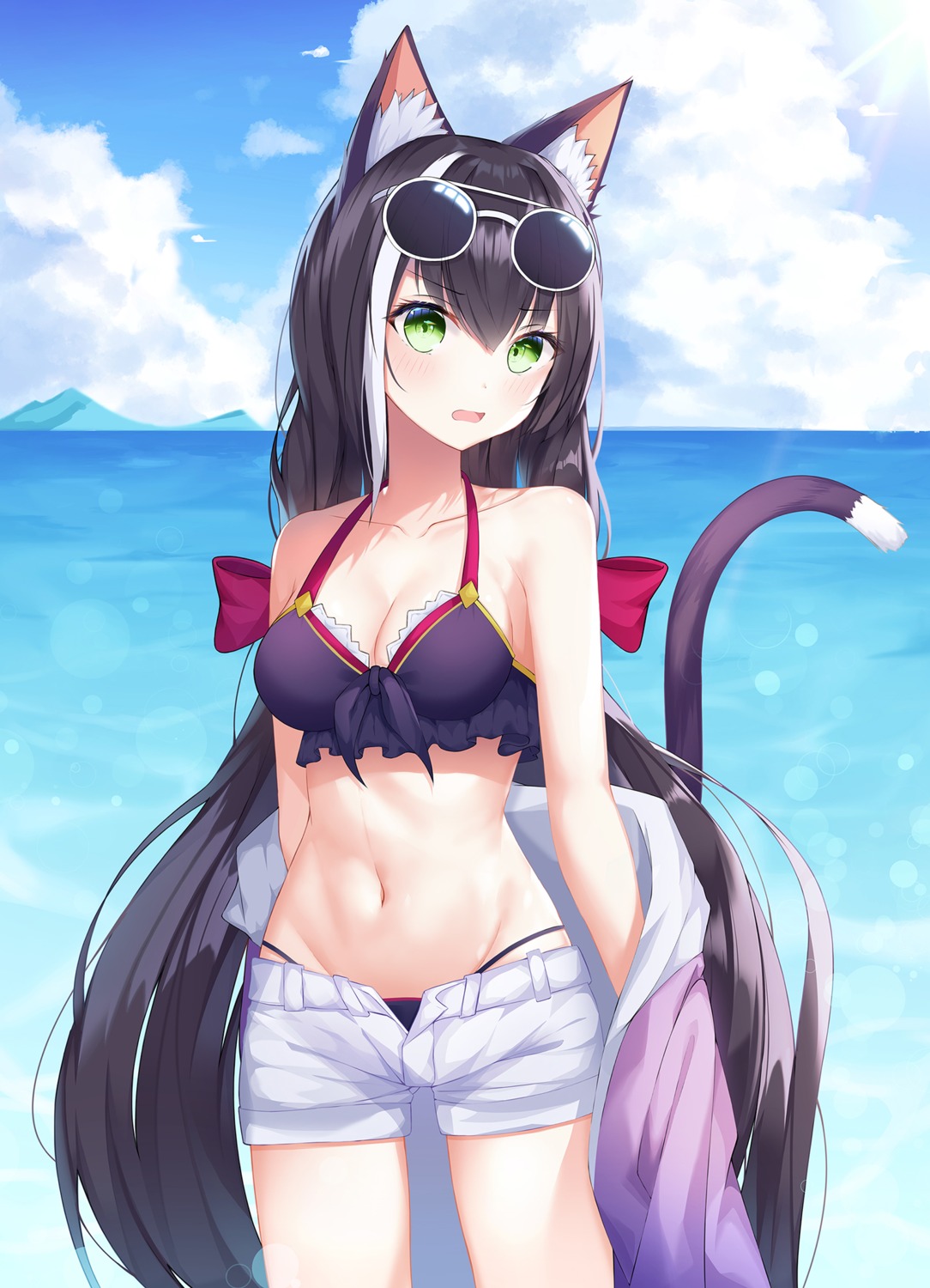 animal_ears, bikini, cleavage, karyl_(princess_connect), lin_(user_uzmw2535), megane, nekomimi, open_shirt