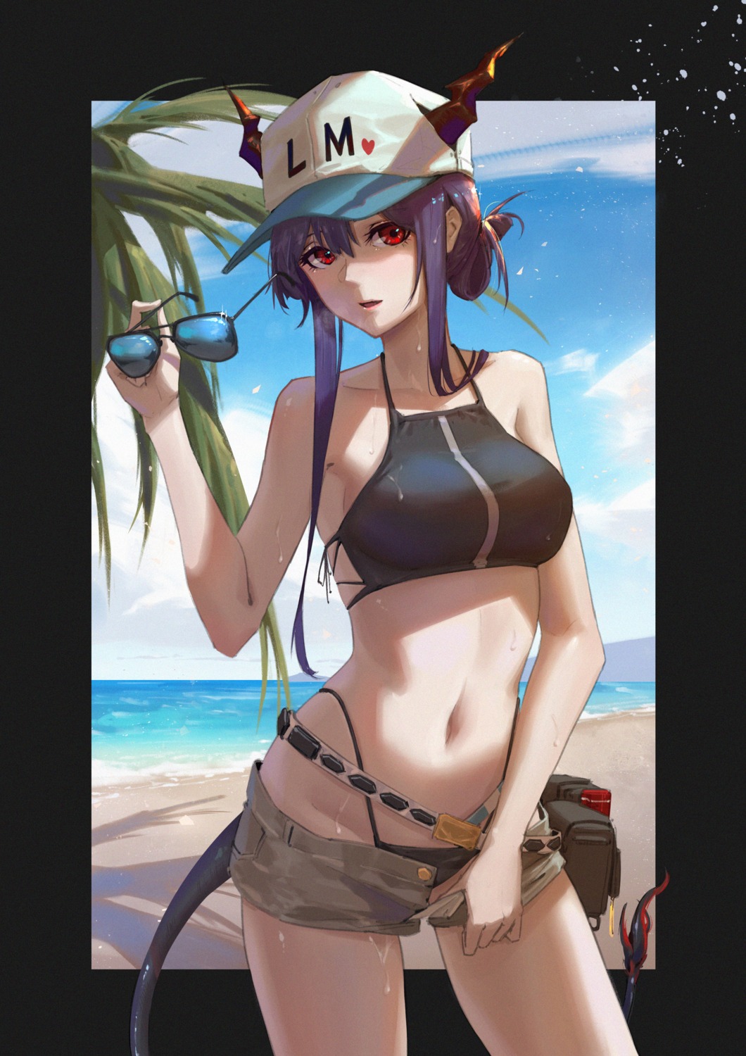 areaaaron, arknights, bikini, ch'en_(arknights), horns, megane, swimsuits, tail