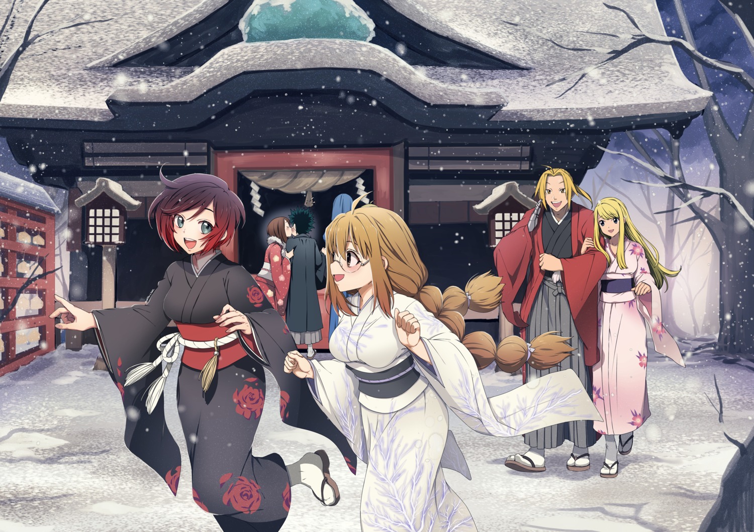 bandages, boku_no_hero_academia, crossover, edward_elric, eudetenis, fullmetal_alchemist, japanese_clothes, kimono