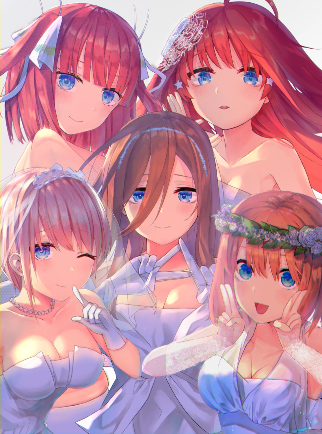 5-toubun_no_hanayome, cleavage, dress, nakano_ichika, nakano_itsuki, nakano_miku, nakano_nino, nakano_yotsuba, see_through, slime07, wedding_dress