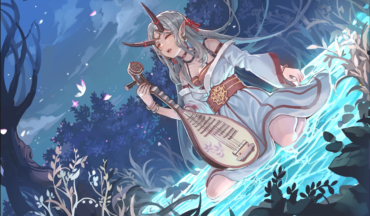 cleavage, horns, japanese_clothes, pointy_ears, sadoxi11, wet