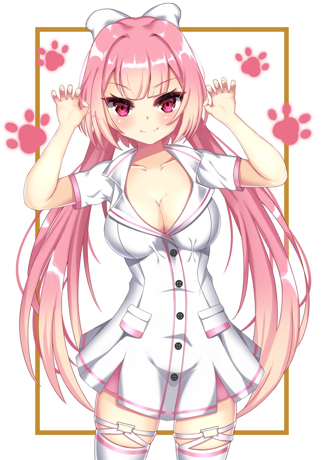 chii_aruel, cleavage, garter, nurse, open_shirt, soul_worker, stockings, thighhighs