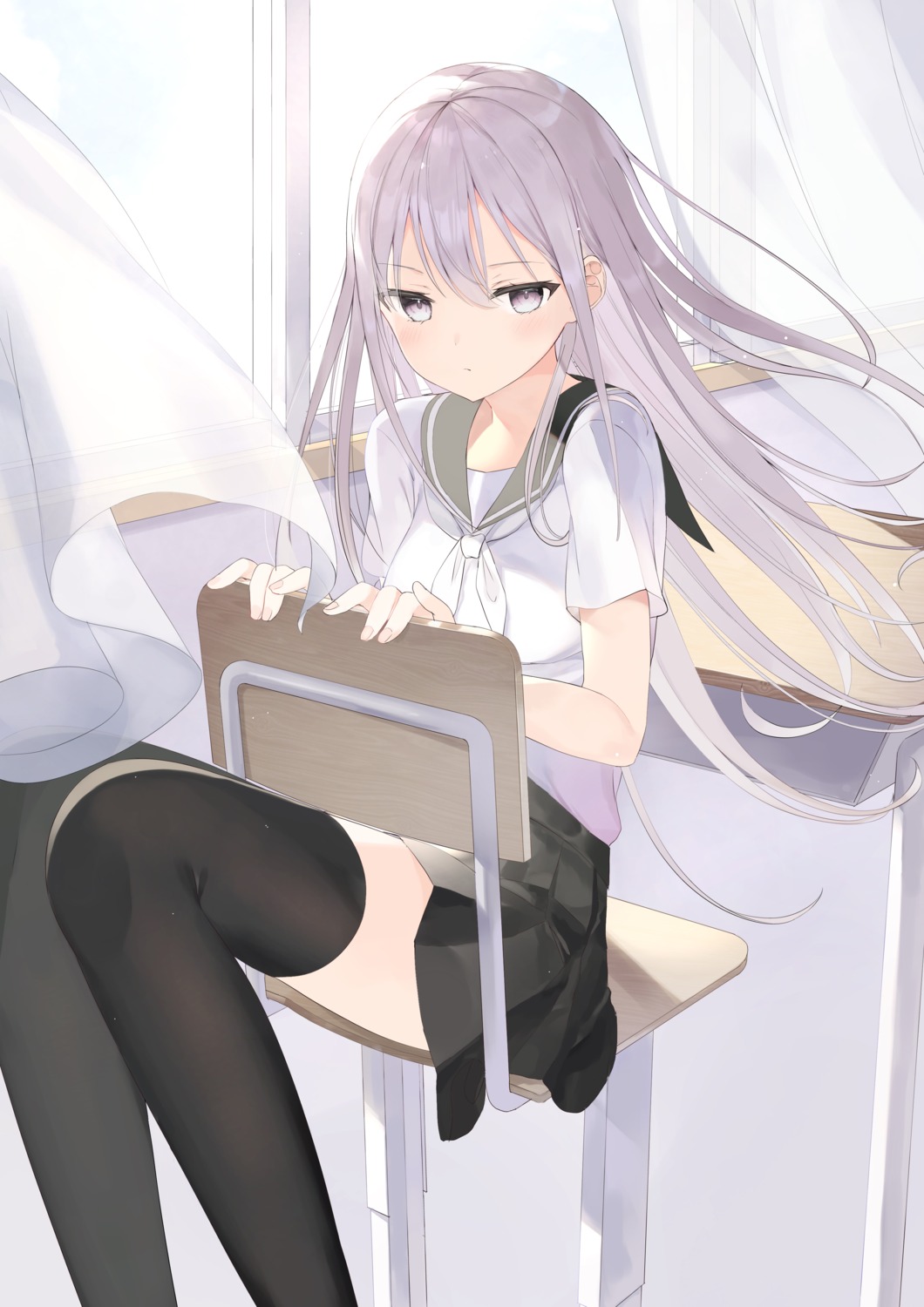 seifuku, skirt_lift, thighhighs, zukan_(db_tyoutyo)